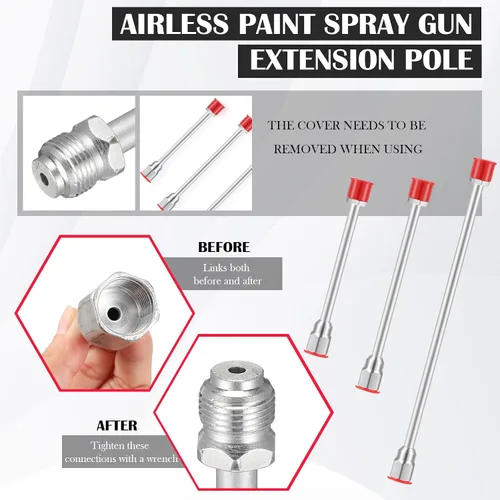 Vista 4 de 3 piezas de barra de extensión de punta de rociador de pintura sin aire para pistola de pintura sin aire con protector rojo (12, 20, 29.95 pulgadas)