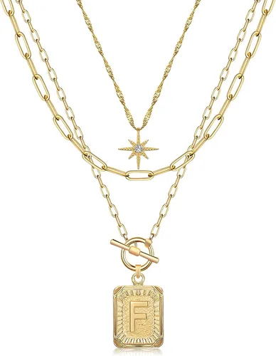 Vista 37 de MJartoria Collares con iniciales en capas para mujer, modernos, chapados en oro de 14 quilates, cadena de papel, collar sencillo con dije de Dorado