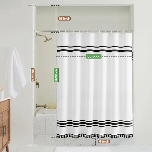 Vista 7 de Seasonwood Cortina de ducha en blanco y negro, cortina de ducha a rayas para baño, cortinas de ducha bohemias con borlas, cortinas de baño modernas