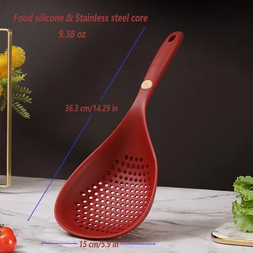Vista 2 de Utensilios de cocina, colador de alimentos de silicona con asa, cuchara coladora grande, cuchara ranurada, resistente al calor para alimentos