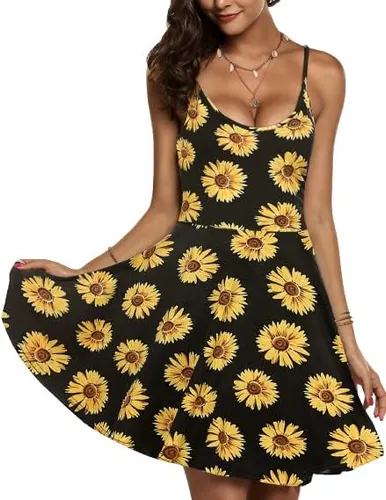 Vista 3 de ACEVOG Vestido de verano para mujer, floral, sin mangas, ajustable, con tirantes delgados, cuello en V, salida de baño, acampanado, debajo