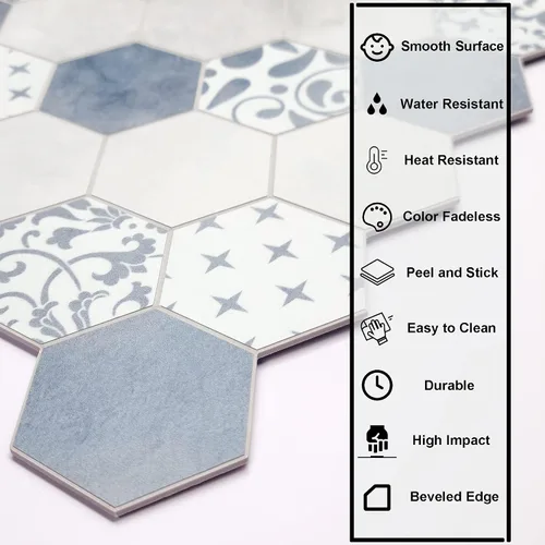 Vista 2 de The Tiles Plaza 10 Hojas de Azulejos Despegar y Pegar para Salpicadero, Aspecto de Mármol Compuesto de Piedra Hexagonal de Cemento Azul Autoadhesivo