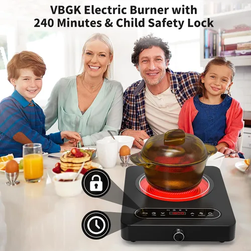 Vista 2 de VBGK Cocina eléctrica de un solo quemador, 110 V 1800 W con controles táctiles LED y controles de perilla, 10 niveles de potencia, temporizador de 4