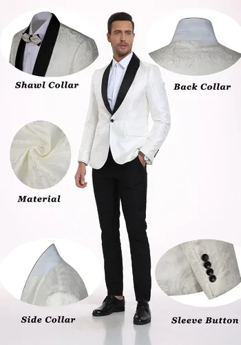 Vista 5 de Chaqueta de esmoquin floral para hombre, diseño de cachemira, ajustado, con solapa, para cena, graduación, fiesta, boda
