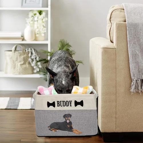 Vista 5 de xrlsg Cesta de almacenamiento personalizada de juguetes para perros, plegable con nombre de mascota, caja de almacenamiento rectangular