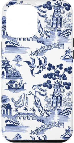 Vista 25 de iPhone 14 Pro Preppy Azul y Blanco Willow Patrón Chinoiserie Toile Case