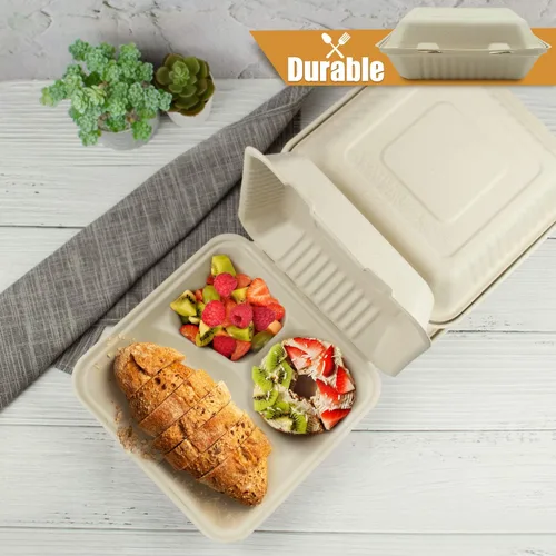 Vista 7 de Green Earth, 9 pulgadas, 50 unidades, 3 compartimentos, almeja compostable, BAM ware (fibra de bambú), cajas de comida para llevar – recipientes 9