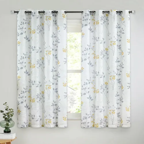 Vista 10 de Beauoop Juego de 2 cortinas semitransparentes de lino floral para sala de Clásico azul y gris