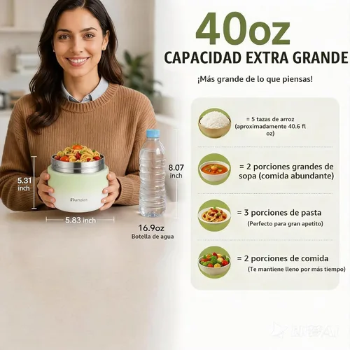 Vista 2 de Tarro de alimentos aislado de 40 onzas, compartimentos dobles Verde