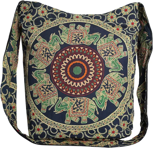 Vista 2 de Stylo Culture Mandala Sling Bag Para Mujeres Niñas Bolso Tradicional Bohemia Jhola Bolsa Universitaria Verde Oscuro y Naranja Elefante Impreso Bolso