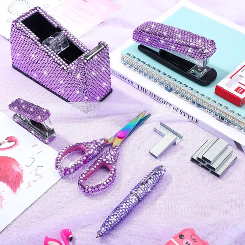 Vista 7 de Yunlly Juego de 6 artículos de papelería de oficina con brillantes accesorios de oficina, incluye bolígrafo, grapadora, removedor de grapas, 1000