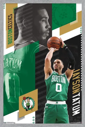 Vista 13 de Trends International NBA Boston Celtics - Póster de pared de Jayson Tatum 19, 14.725 x 22.375 pulgadas, versión enmarcada de madera de granero