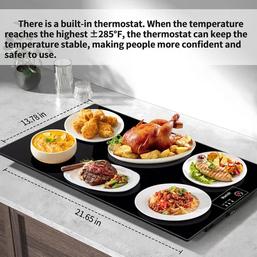 Vista 5 de Bandeja de calentamiento eléctrica, L, 22 x 14 pulgadas, alfombrilla de calentamiento de vidrio templado para alimentos, color negro Keep Food