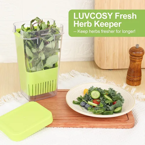 Vista 3 de LUVCOSY Herb Keeper, protector de hierbas de plástico sin BPA con una cesta interior para cilantro, menta, perejil y espárragos, mantiene