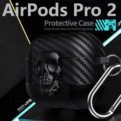 Vista 2 de Funda para AirPods Pro de 2ª generación, calavera con cerradura y llavero para hombres, divertida fibra de carbono de cuerpo completo, a prueba