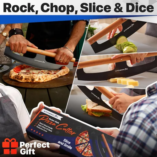 Vista 6 de KitchenStar Cuchilla de corte de pizza de 16 pulgadas, cuchillo cortador de acero inoxidable afilado, elegante mango de madera de haya, cubierta
