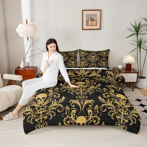Vista 2 de Erosebridal Juego de ropa de cama damascada gótica para adultos, juego de edredón victoriano antiguo, edredón floral vintage gótico con diseño