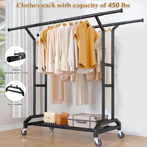 Vista 2 de Wiracks Perchero de ropa resistente doble con capacidad de 450 libras, ruedas industriales de 3", 51"-71" L X 19.7" D X 73"-79" H, perchero de ropa