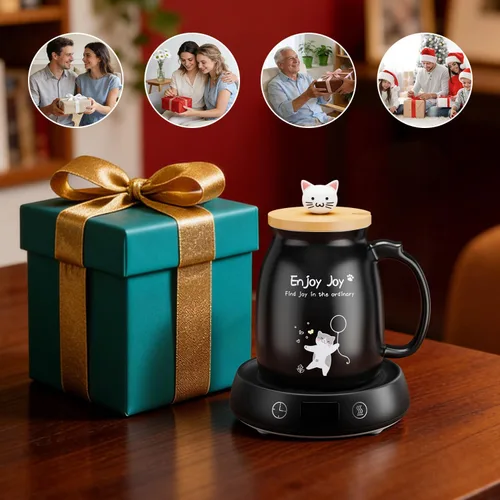 Vista 6 de Calentador de taza de café con bonito juego de tazas de gato, calentador eléctrico de 8 horas de apagado automático para escritorio, oficina, hogar