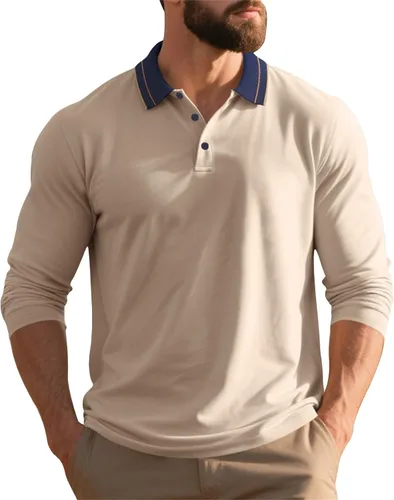 Vista 7 de Polo de manga larga para hombre, suéter clásico con botones, cuello en contraste, sudadera casual