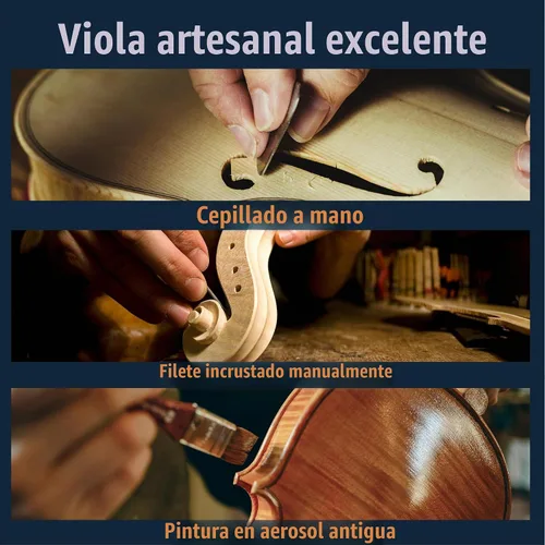 Vista 3 de Mendini by Cecilio Juego de viola de madera maciza de 12 pulgadas para principiantes, kit de viola acústica tallada a mano con estuche rígido, arco