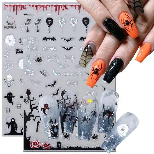 Vista 2 de 6 hojas de calcomanías de arte de uñas de Halloween – Calcomanías de uñas de Halloween autoadhesivas 3D de dibujos animados fantasma, esqueleto