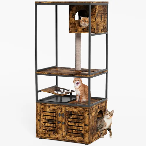 Vista 2 de Lamerge Árbol para gatos con caja de arena, caja de arena grande todo en 1, condominio para gatos con postes rascadores y cuenco de alimentación
