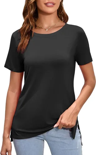 Vista 2 de Herou - Camisetas de manga largamanga corta para mujer, estilo informal, con división lateral