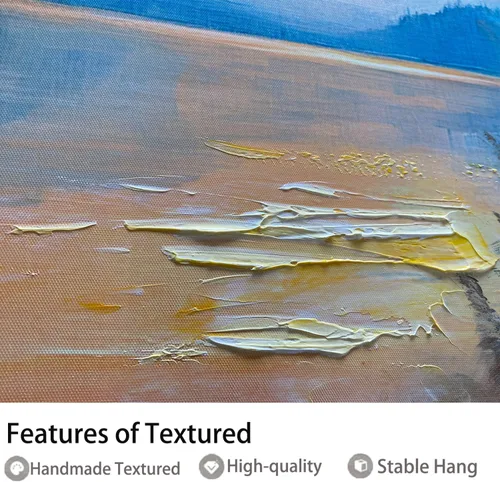 Vista 4 de Arjun Pintura de Paisaje Puesta de Sol Montaña Lago Arte de Pared en Lienzo con Textura Enmarcado Grande 40"x20"- Impresiones de Cuadros Serenos