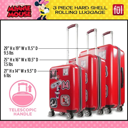 Vista 2 de FUL Disney Minnie Mouse Patchwork - Juego de equipaje con ruedas de 3 piezas, maleta rígida con ruedas, 21, 25 y 29 pulgadas, color rojo, Rojo