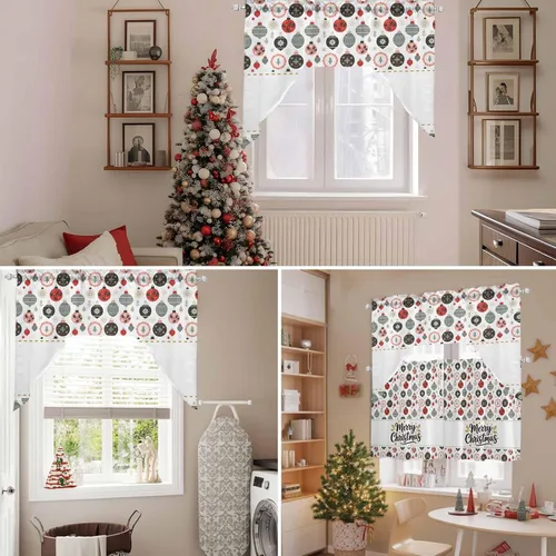 Vista 7 de Juego de 3 cortinas de cocina con festón de Navidad con cenefa, 3 piezas con bolsillo para barra, cortinas para dormitorio, sala de estar, baño