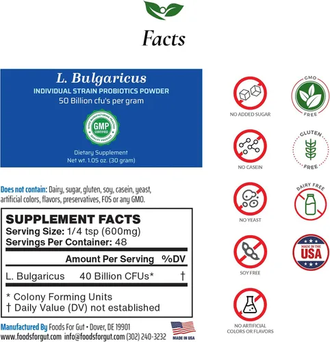 Vista 2 de Foods For Gut Lactobacillus Bulgaricus Probiotic Powder 50 mil millones de ufc Fabricado en Estados Unidos Sin aditivos Apoyo digestivo e
