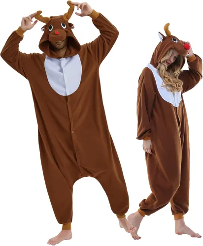 Vista 4 de NEWCOSPLAY - Pijama unisex de una pieza de felpa con diseño de reno de Santa Claus para adultos Reno de café S