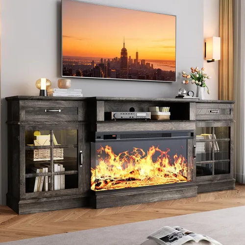 Vista 13 de MXV Soporte de TV con chimenea de 70 pulgadas, chimenea de vidrio de 3 lados y centro de entretenimiento moderno, consola multimedia de madera