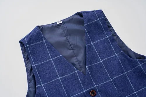 Vista 6 de Conjunto de trajes para niños, chaqueta a cuadros, chaleco, pantalones de un solo pecho, chaqueta formal para boda, fiesta, baile de graduación