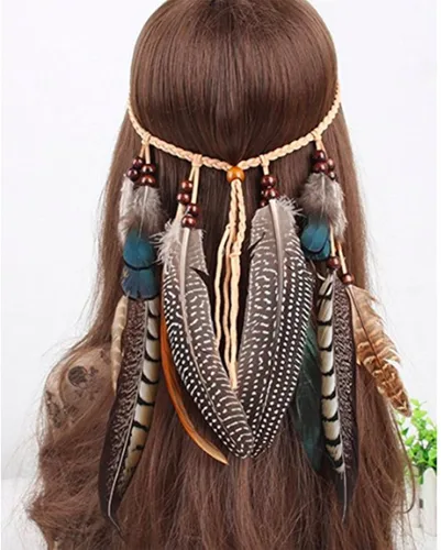 Vista 2 de Neal LINK Tocado de plumas indias para mujer con cuerda de cáñamo bohemia borlas festivales