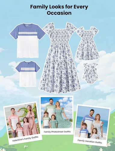 Vista 2 de PATPAT Conjunto a juego para toda la familia, con estampado floral bohemio, cuello cuadrado, manga abombada, vestido fruncido y camisetas de manga