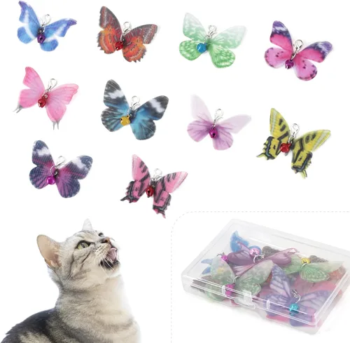 Vista 10 de SONGWAY Cat Teaser Wand Toy – Juego de 10 piezas de juguete de plumas de insectos y gatos con varita retráctil y recambios de plumas con campana