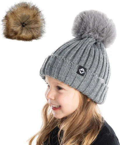 Vista 4 de Funky Junque Gorro de invierno para niños pequeños, gorro con pompón para niña, gorro de bebé desmontables, gorro de calavera cálido de punto a