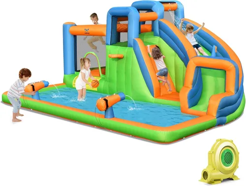 Vista 8 de HONEY JOY Tobogán acuático inflable, parque acuático gigante 7 en 1, casa de rebote para patio trasero al aire libre con soplador de 735 W, piscina