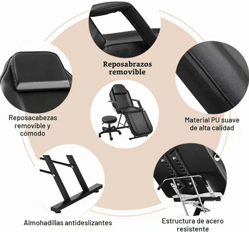 Vista 4 de Roixeeds Silla de tatuaje de 3 secciones, cama de masaje profesional ajustable, silla de cama de tatuaje con taburete de spa y gancho para toalla