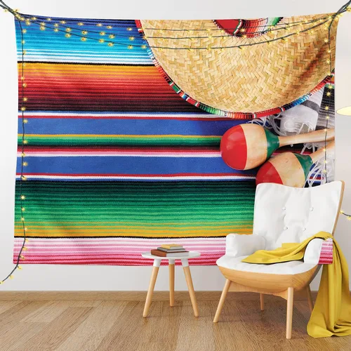 Vista 9 de Lunarable Tapiz mexicano, impresión temática de cultura mexicana de un sombrero de maracas y serape, alfombra de arte popular, decoración de tela