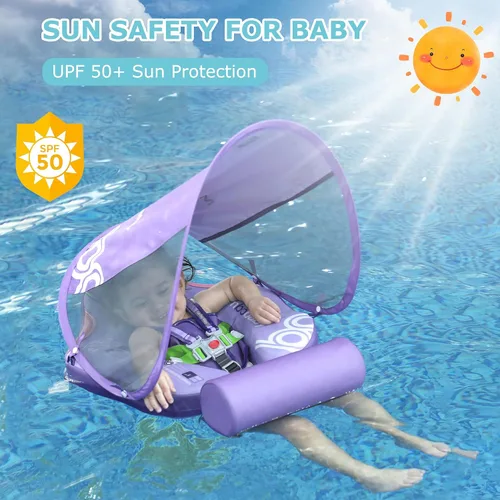Vista 4 de Mambobaby Flotador para bebé con toldo y cola, flotador no inflable para piscina, correa de seguridad ajustable, entrenador de natación para niños