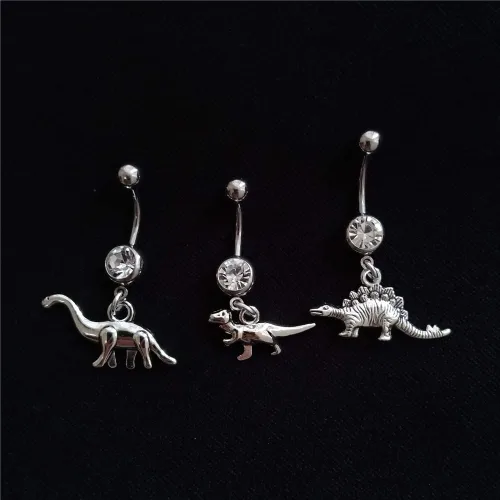 Vista 6 de 3pcs Punk Dinosaur Dangle Pendant Belly Button Ring, Tiny Velociraptor Charm Stainless Steel 14 Gauge Navel Barbell Ring