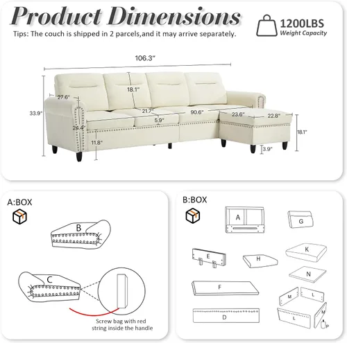 Vista 3 de Sofá modular en forma de L beige con otomana móvil para sala de estar, 106