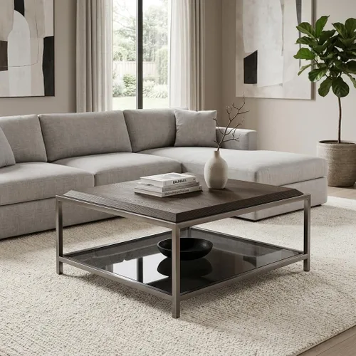 Vista 3 de Sagebrook Home Mesa de centro moderna con parte superior de madera, estante de vidrio templado y marco de acero inoxidable, mesa decorativa