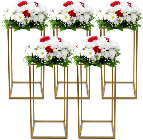 Vista 13 de 10 soportes de metal para centros de mesa de boda, jarrones de columna, soporte de flores de boda, soporte rectangular geométrico dorado
