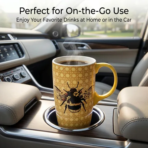 Vista 8 de DUSVALLY Taza de cerámica grande Taza de café alta Tazas de viaje de porcelana Taza de café con tapa de 17 onzas, Abeja