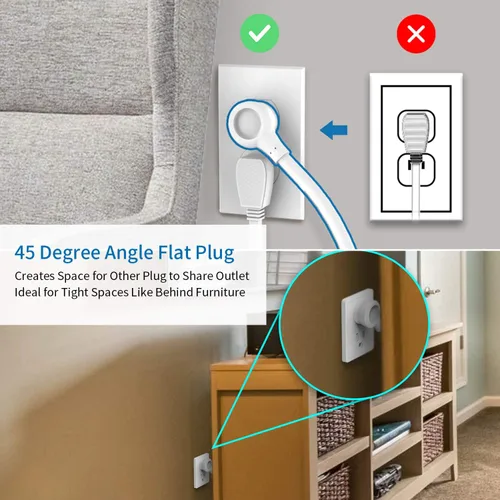 Vista 6 de Cable de extensión de 15 pies, protector de sobretensiones de 6 salidas, tira de alimentación larga y resistente de enchufe plano, enchufe plano