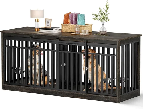 Vista 8 de DWVO Mueble de jaula doble para perros de 71" para 2 perros medianos, perrera doble de madera resistente soporte de TV con puertas correderas, mesa